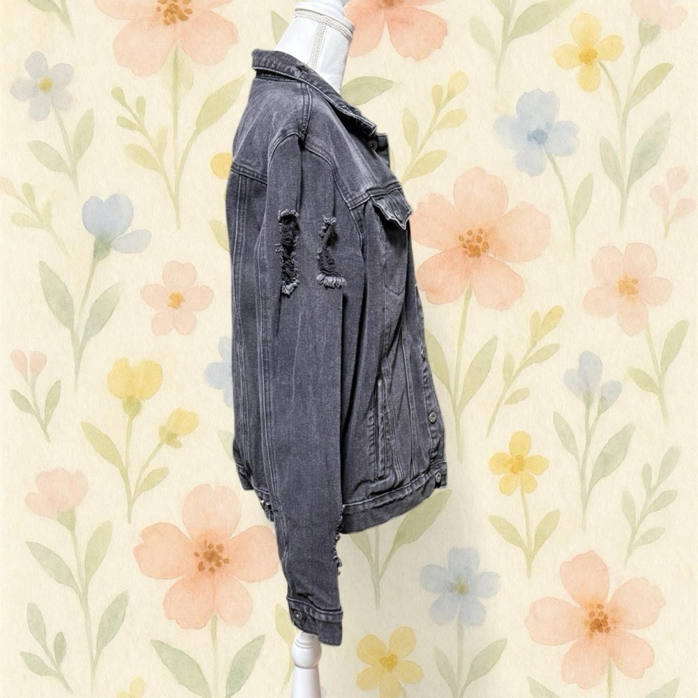 Request Premium Distressed Black Denim Jacket L Grunge Y2K Punk Cotton - Picture 5 of 8